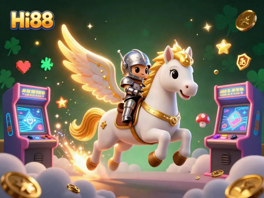 Engage with Hi88's vibrant fantasy world, where a celestial horse and knight explore dynamic gaming adventures.