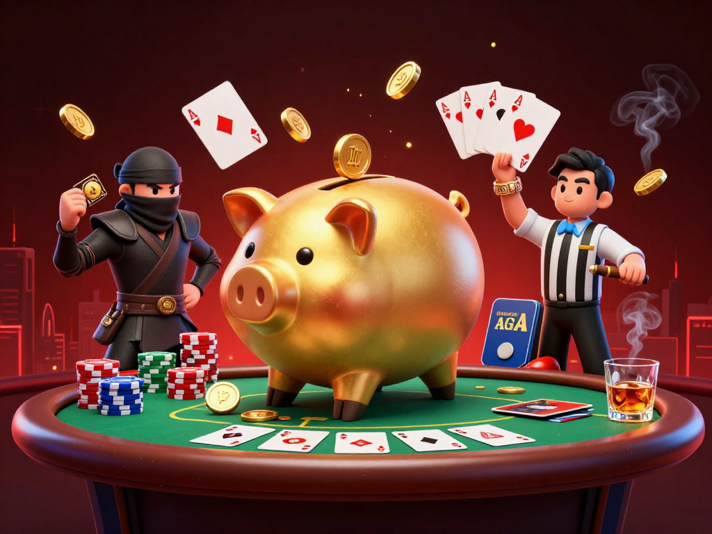 Best online pokies scene with a golden piggy bank sumo wrestler among poker elements.