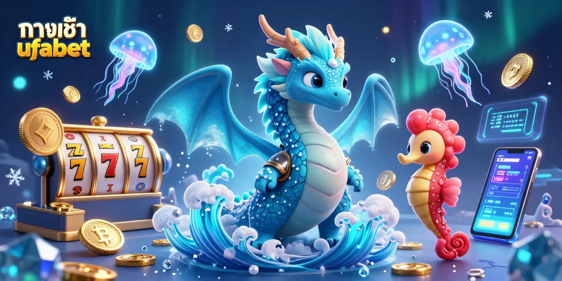 Engage with action at ทางเข้า ufabet with a mesmerizing 3D scene featuring a dragon, seahorse knight, and dynamic slot game elements.