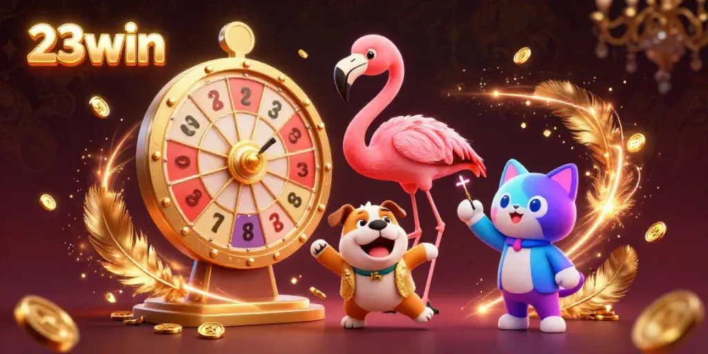 Spin the prize wheel with 23win amidst gleaming casino tokens and vibrant energy.