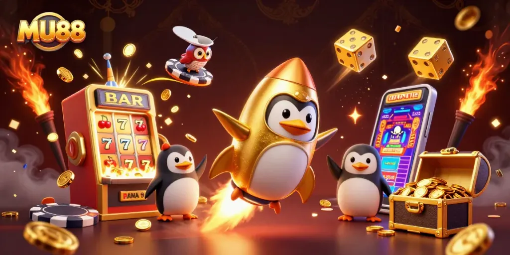 Boost your gameplay with MU88 as a golden penguin blasts through casino-themed space.