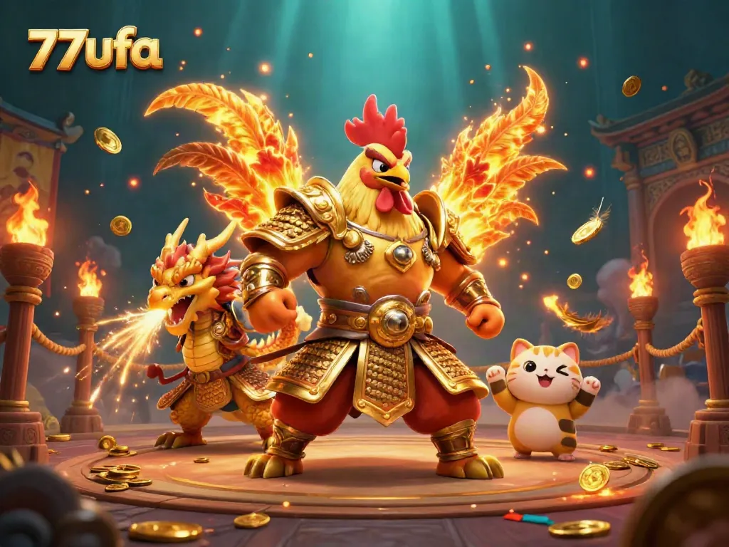 Experience the excitement of 77ufa with a dynamic 3D illustration showcasing energetic characters surrounded by gaming elements.