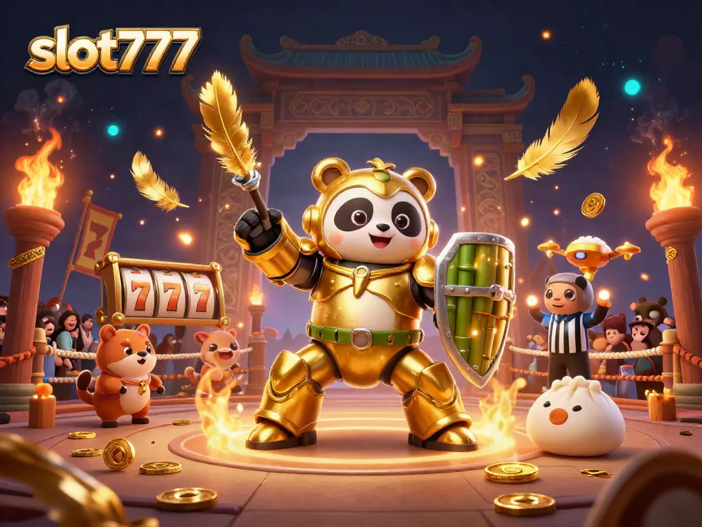 Experience epic gameplay with slot777, featuring a golden panda robot amidst vibrant casino action.