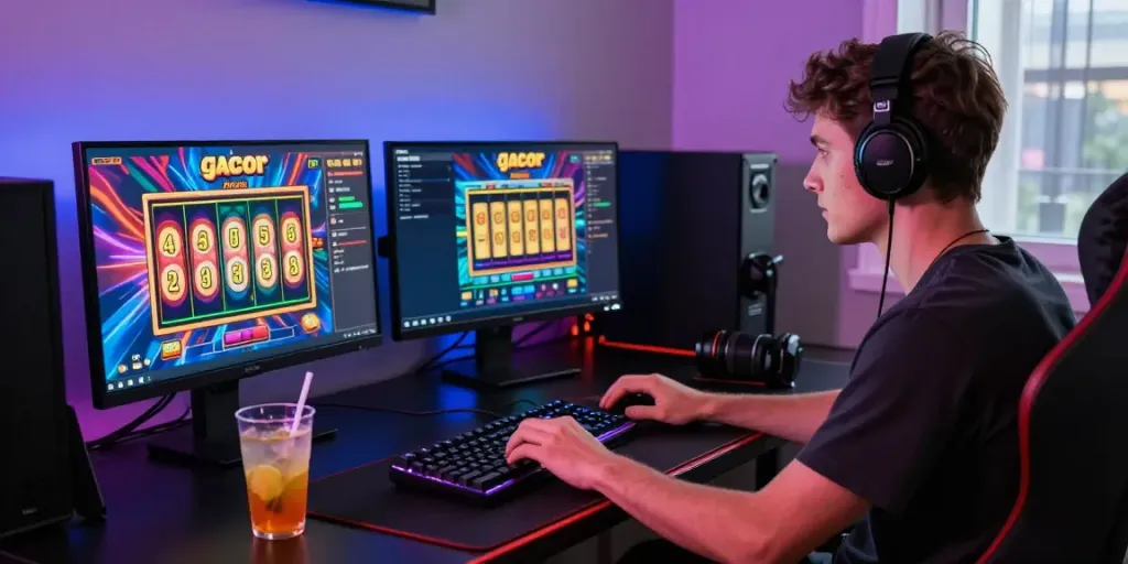Engaged gamer playing slot gacor on laptop with colorful graphics and ambient lighting.