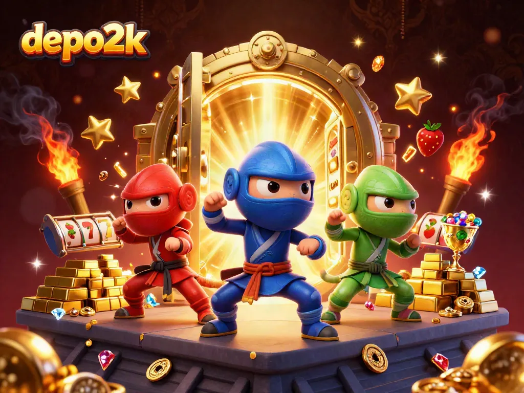 Win big with depo2k at this exciting 3D casino scene featuring dynamic slot elements.