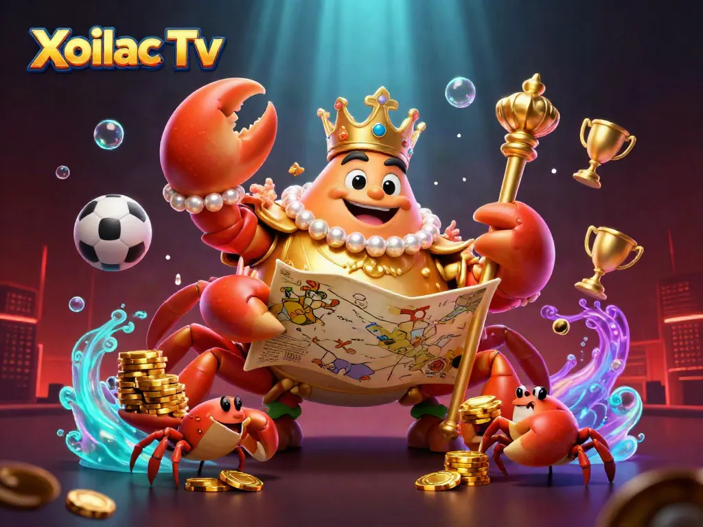 Engage with Xoilac Tv's vibrant gambling experience featuring a golden crab emperor with treasure and sports elements.