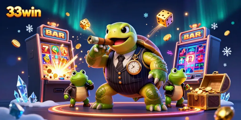 Engage with 33win's vibrant casino atmosphere featuring cartoon turtle mob boss amidst jackpot celebrations.