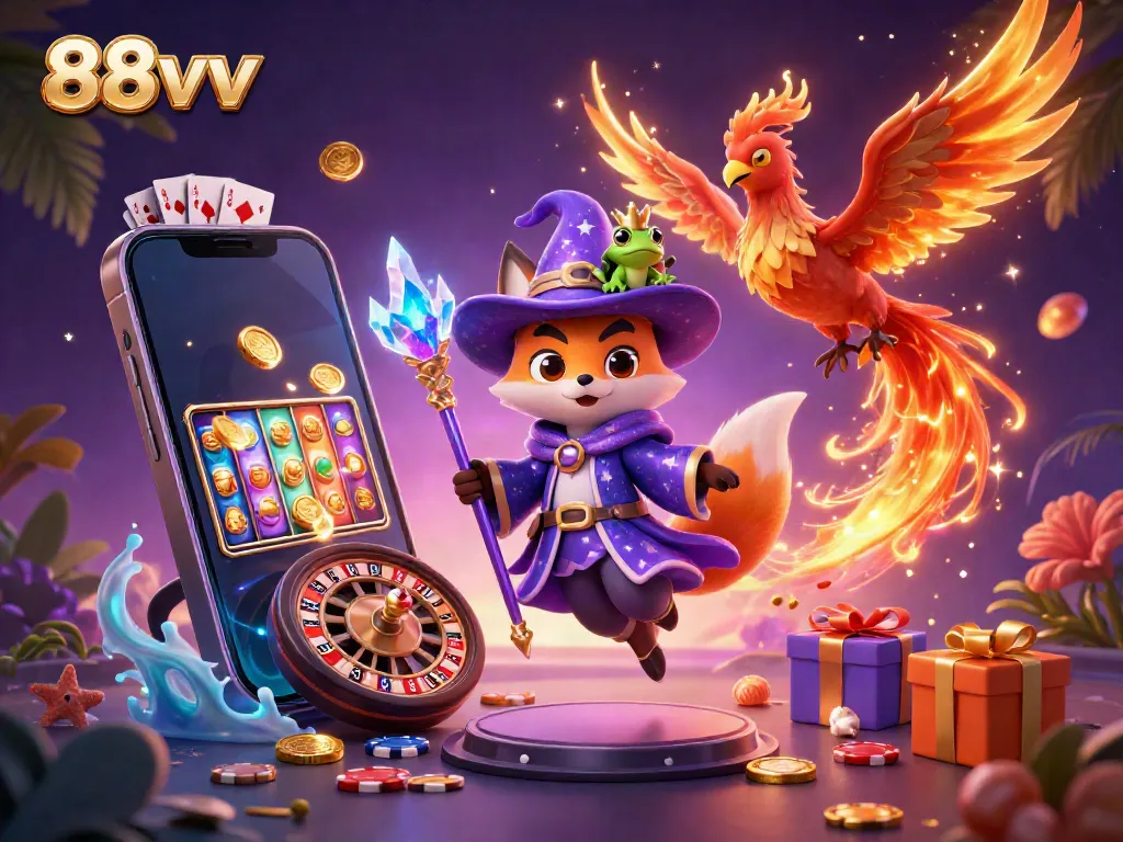 Experience the magic of 88vv with a vibrant 3D scene of a wizard fox, phoenix, and gaming elements.