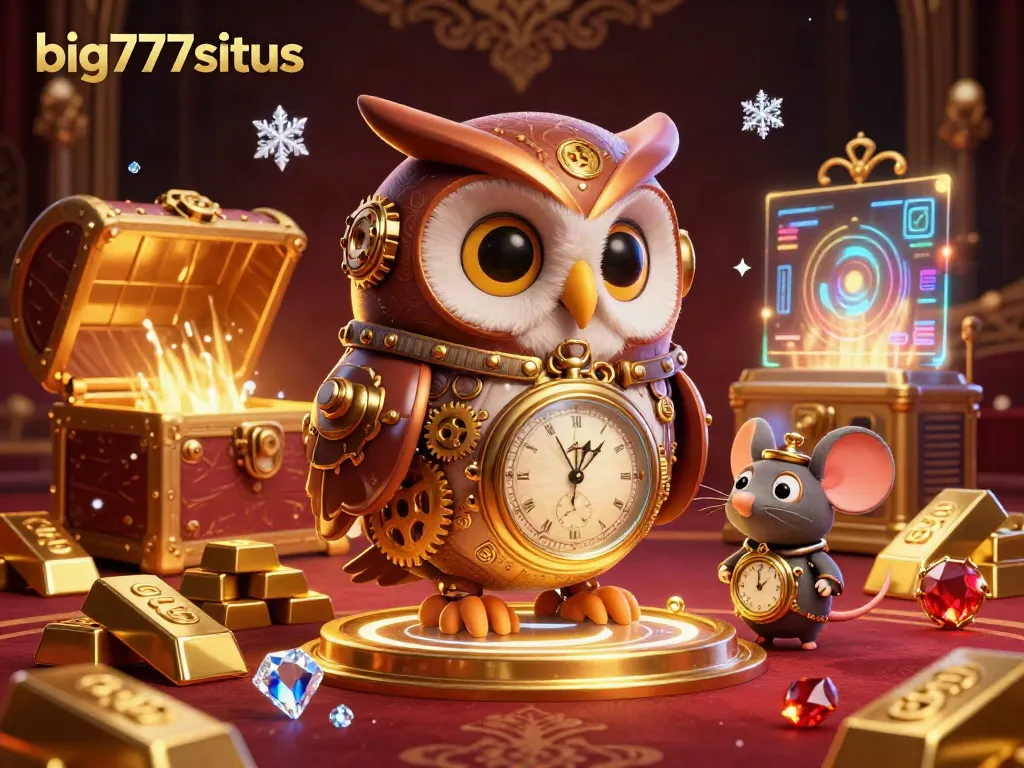 Engage with big777situs in a lively gaming scene featuring a steampunk owl and treasure elements.