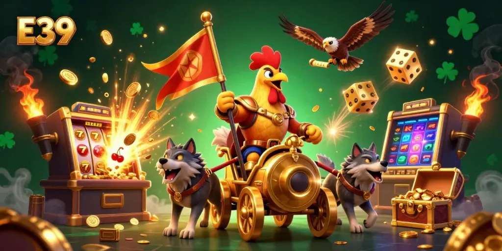 Experience E39's thrilling jackpot with a rooster warlord, dynamic game elements, and festive visuals.