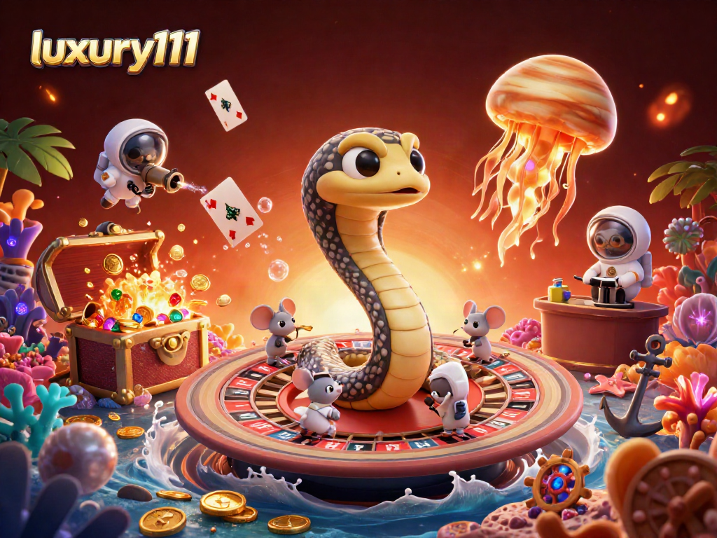 Experience thrilling betting with luxury111 as cartoon characters spin a roulette wheel in space.