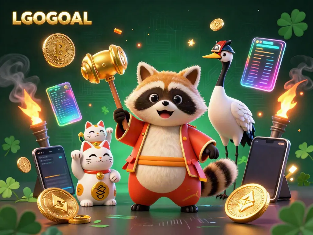 Experience gaming fortune with LGOGOAL in a vibrant 3D scene featuring a cheerful tanuki, neon coins, and engaging elements.