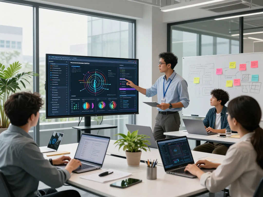 Collaboration in a modern workspace showcasing spicy AI applications with team members engaging in innovation.