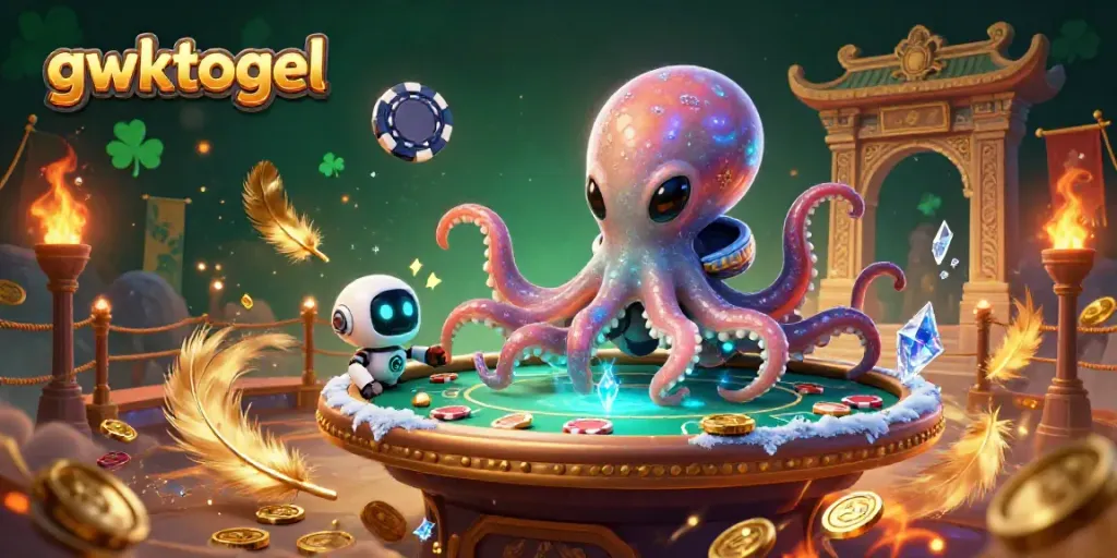Gambaran gwktogel dengan karakter alien dan robot, menampilkan meja poker holografik dan elemen perjudian lainnya.