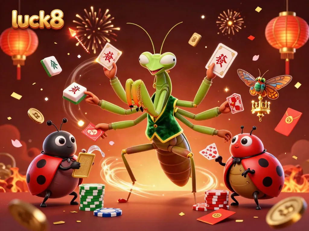 Experience the vibrant world of luck8 with a dynamic casino scene featuring a unique praying mantis card sharp.