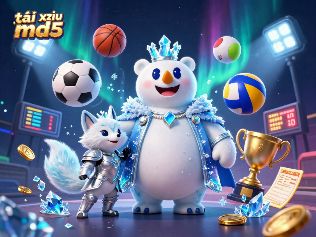 Engage in the thrilling world of tài xỉu md5 with a dynamic scene of a polar bear and snow fox surrounded by sports elements.