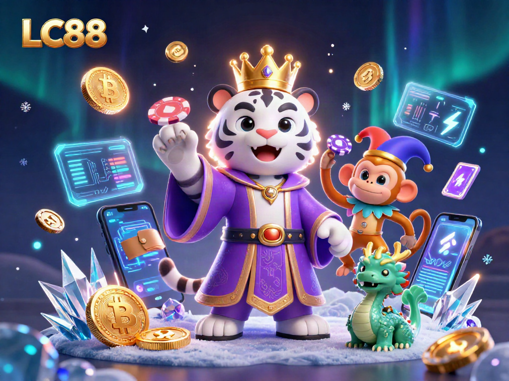 Engage with LC88's vibrant casino scene featuring a royal tiger and a jester monkey.
