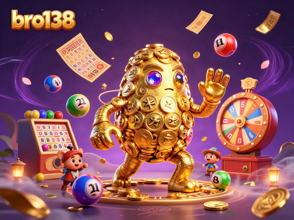 Spin to win at bro138 with a vibrant casino scene featuring a golden golem and lottery elements.