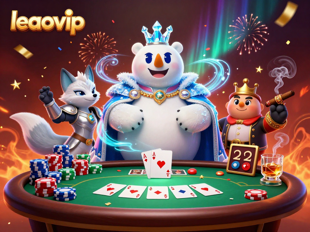 Win big with leaovip while playing at an exciting poker table featuring vibrant characters and colorful chips.