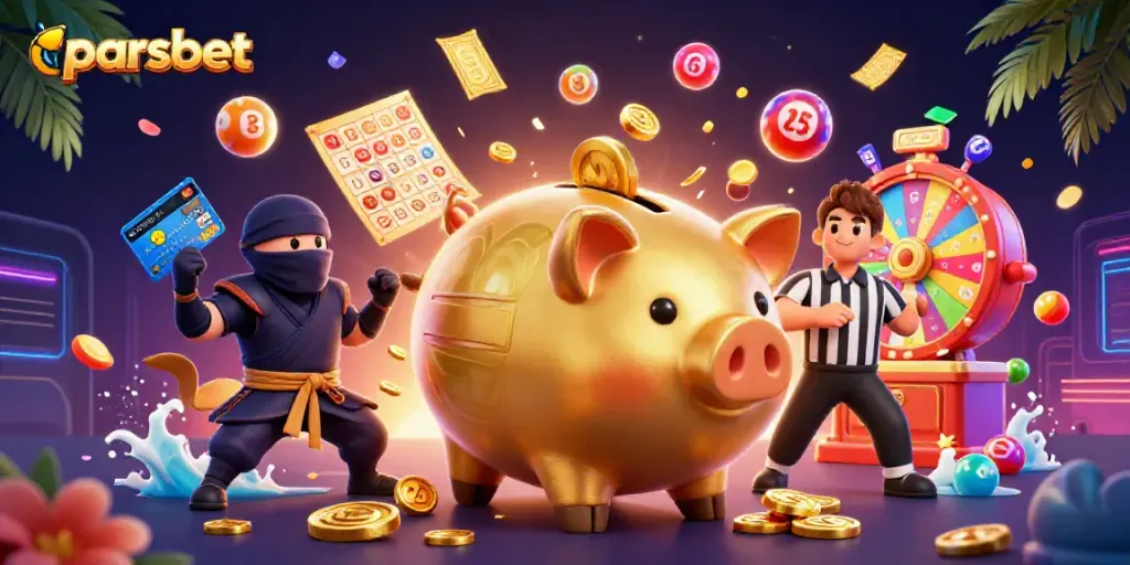 parsbet ile para kazanmayı amaçlayan zengin bir 3D casino sahnesi, dinamik altın domuz bankası sumo güreşçisi, cüzdan ustası ve kredi kartı samurayı ile dolu