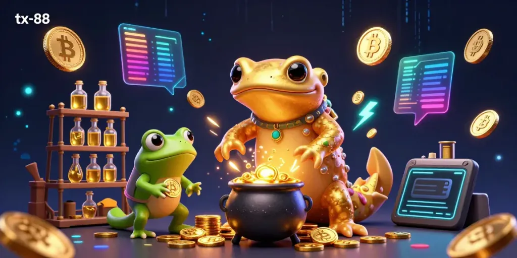 Experience the vibrant gaming atmosphere of tx-88 with golden elements and crypto symbols illuminating the scene.