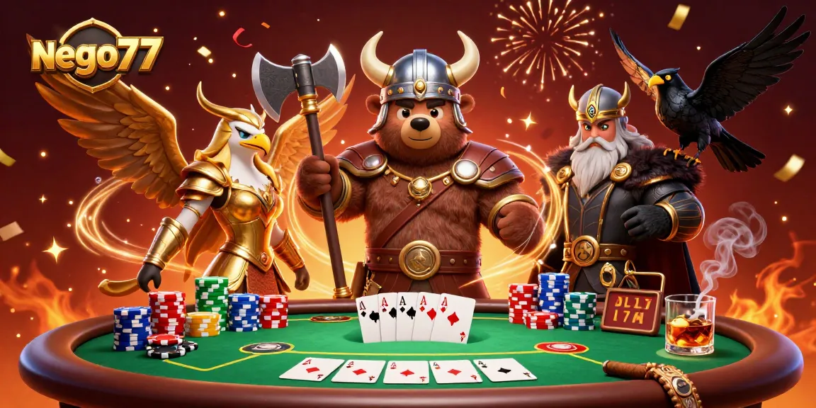 Engage in thrilling poker adventures with nego77 in this vibrant 3D casino scene.