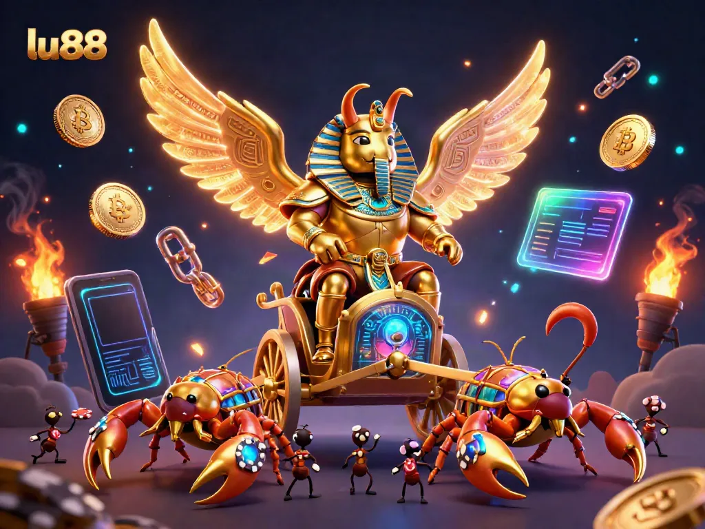 Join the thrilling action at lu88 with a golden scarab and mythical characters in a vibrant casino scene.