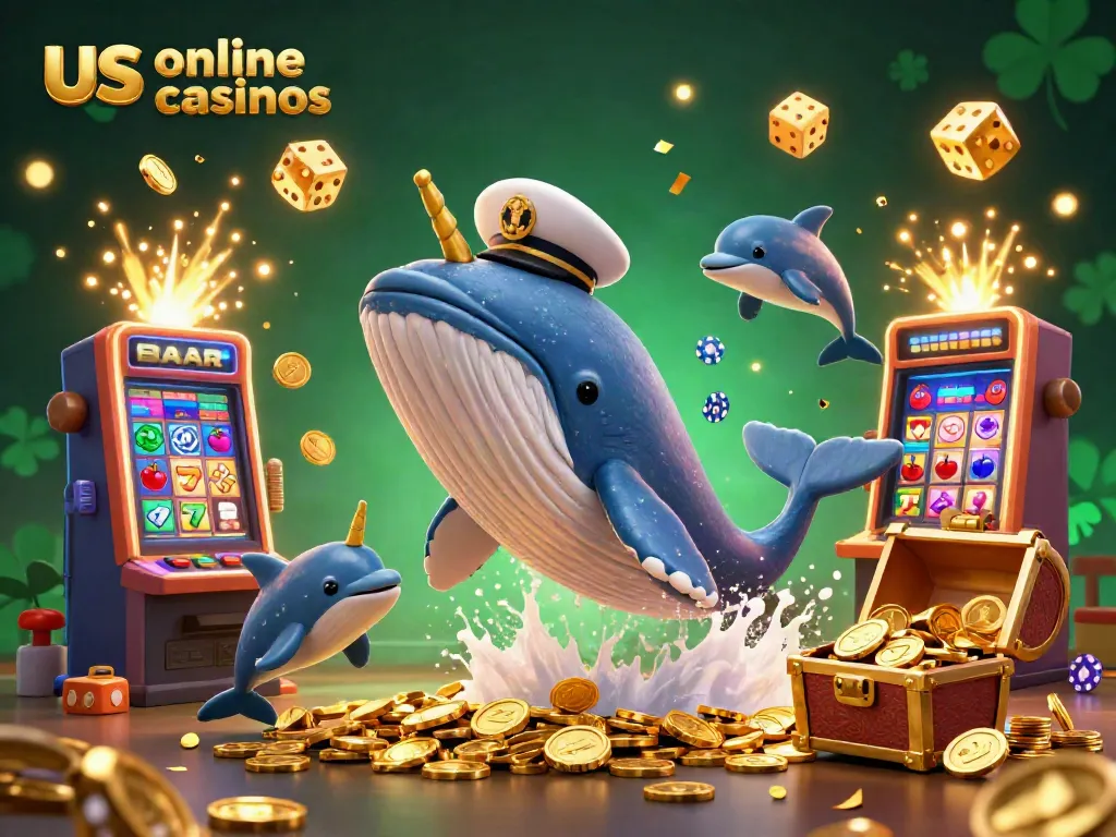 Experience the thrill of us online casinos with a vibrant 3D illustration of a whale and casino characters celebrating wins.