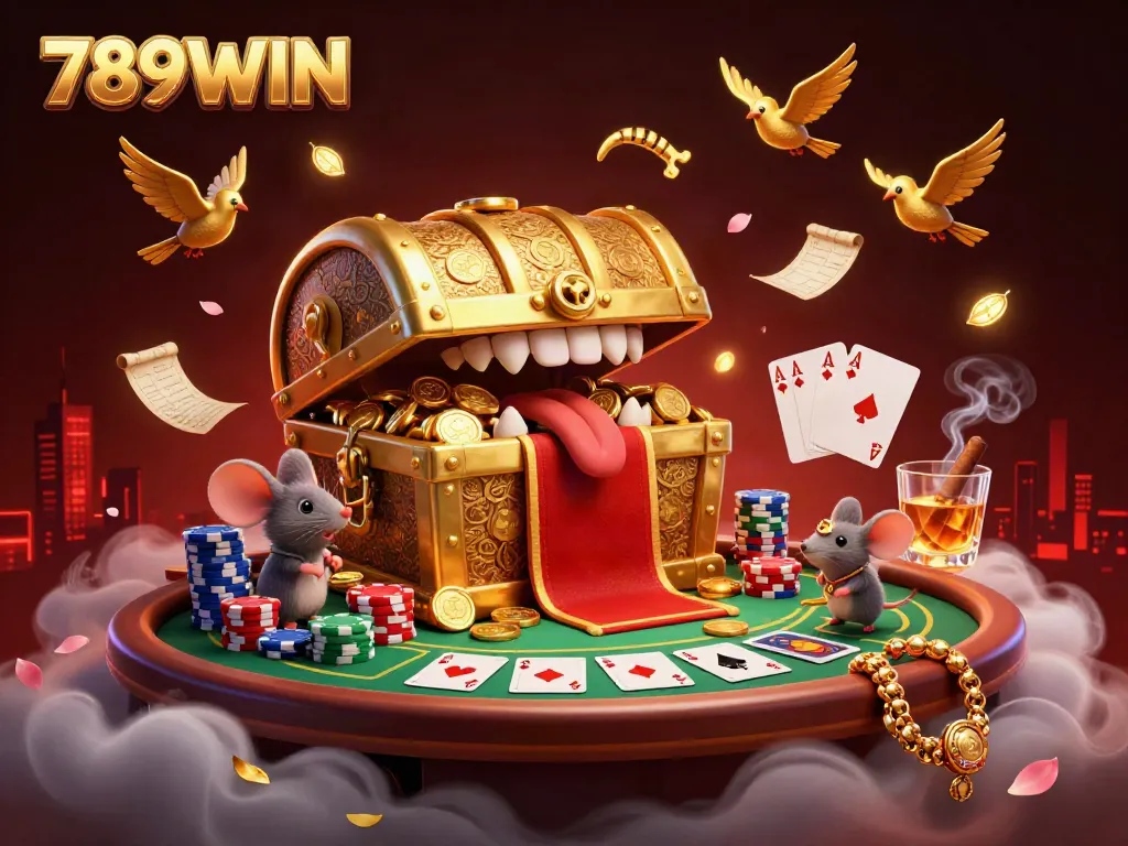 Engaging illustration highlighting 789WIN's treasure chest and vibrant poker scene filled with excitement.