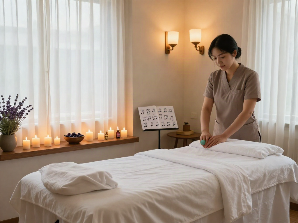 Serene spa environment for 서대문출장안마, featuring a calming massage room with essential oils and ambient light.