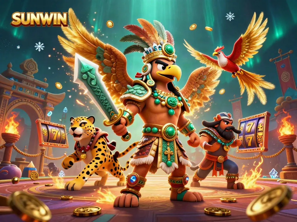 Engaging SUNWIN casino illustration with Aztec warrior and slot games, vibrant gaming atmosphere.