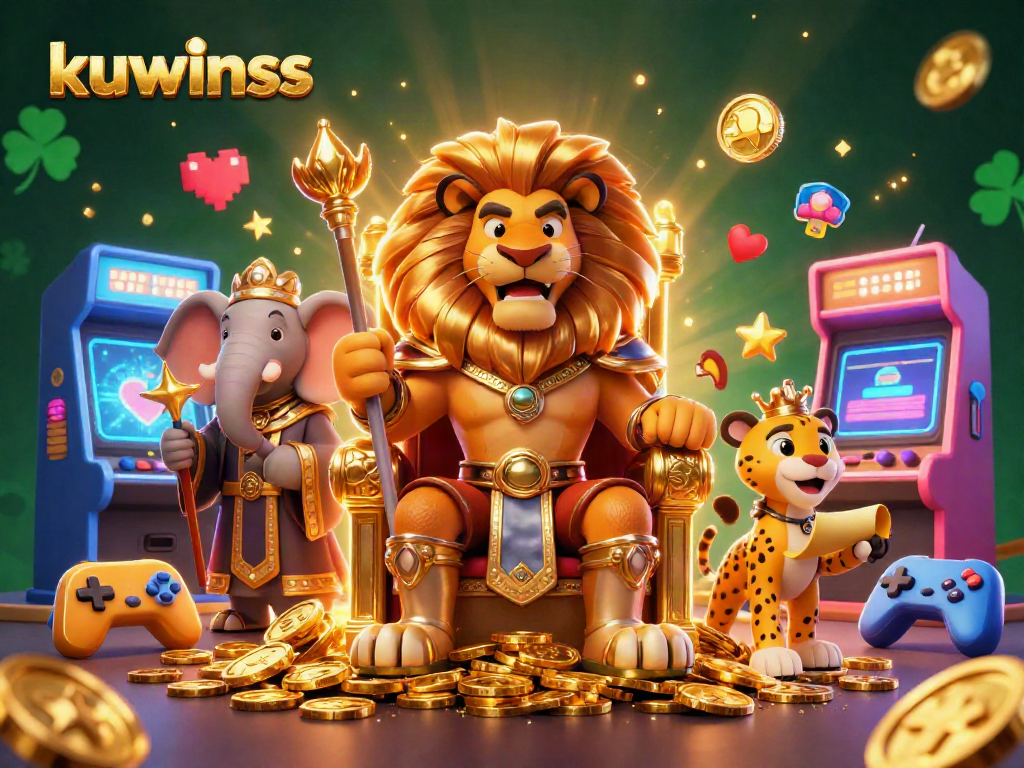 Kuwinss captivates players with a dynamic 3D casino scene featuring vibrant characters and game elements.