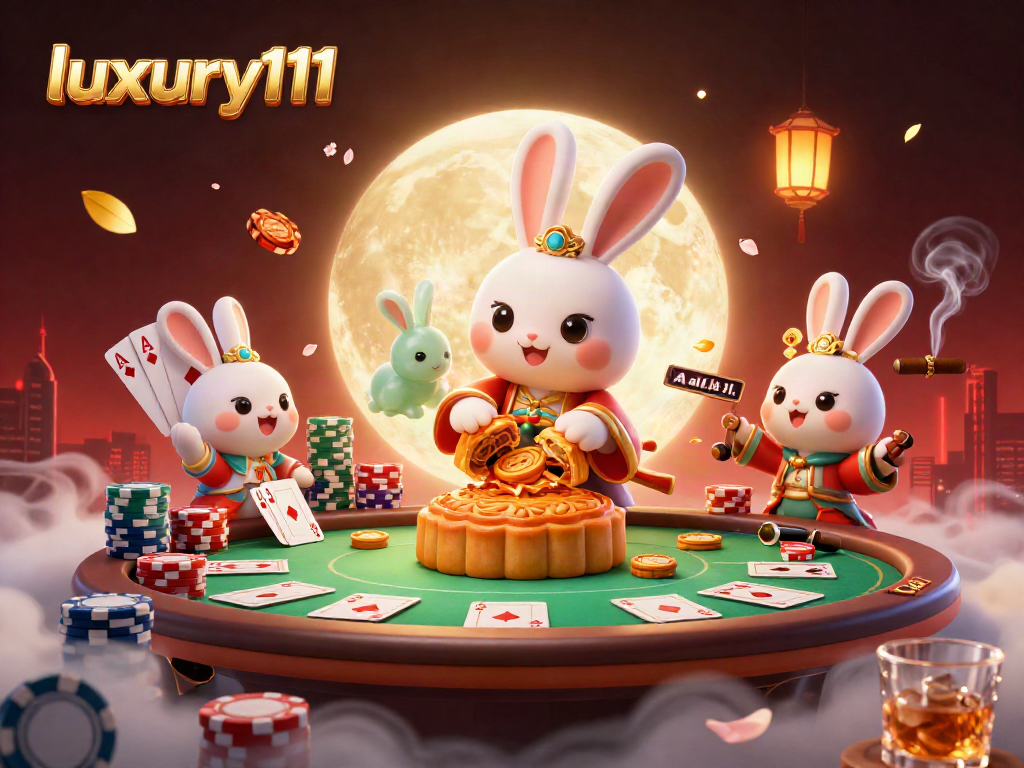 Experience luxury111 with a vibrant scene of a moon rabbit and poker elements on a lunar table.