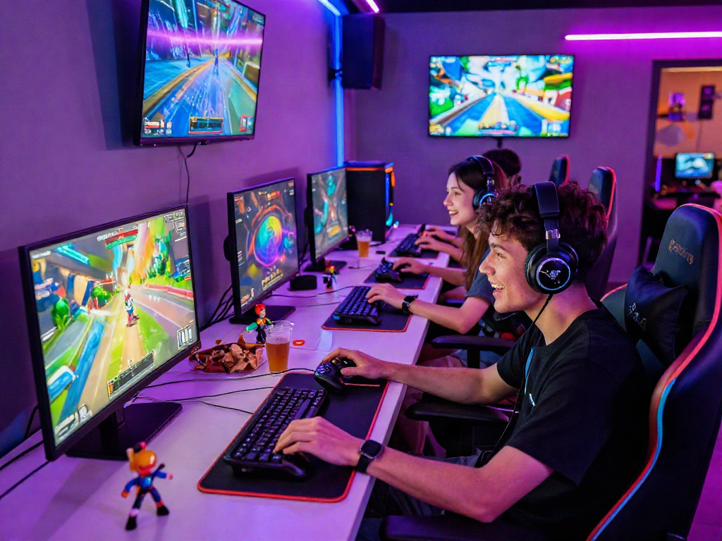 Exciting gaming lounge filled with players enjoying a porn game, showcasing immersive graphics and vibrant energy.