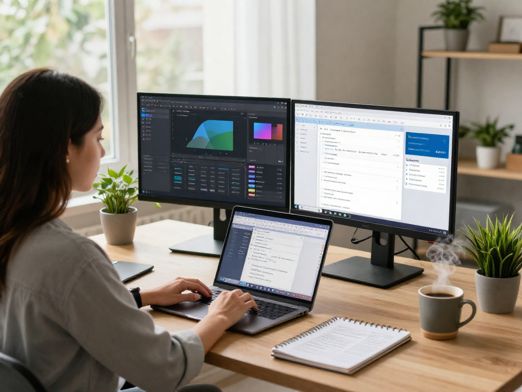 Professional woman using ToDesk remote desktop software in modern home office, showcasing efficient productivity.