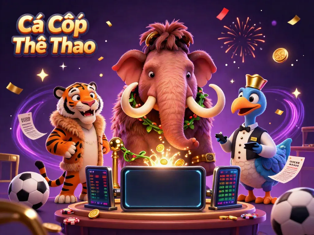 Engaging Cá Cược Thể Thao scene depicting a mammoth bouncer, saber-tooth VIP, and dodo doorman with sports betting elements.