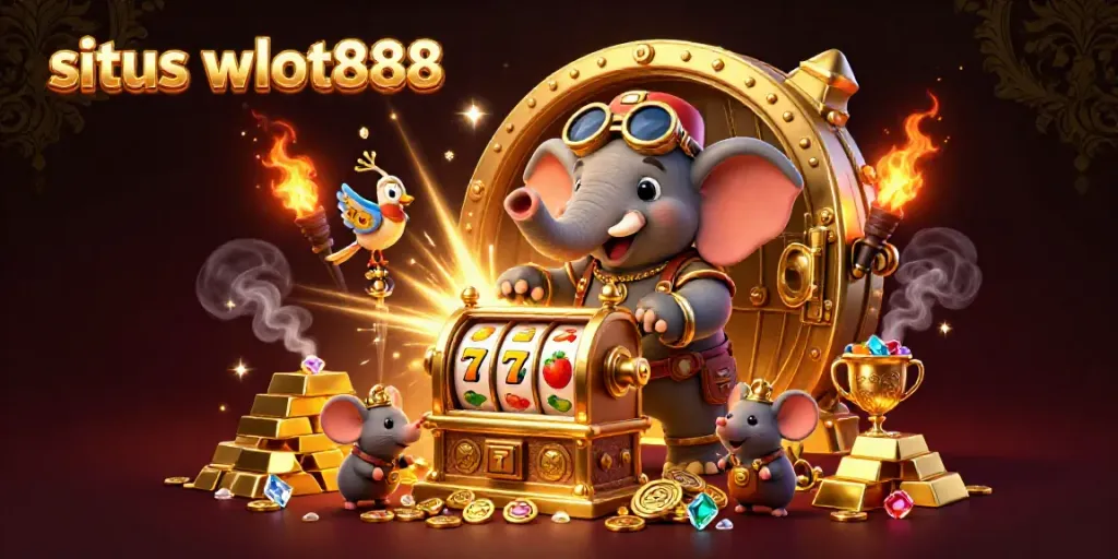 Visualisasikan situs wslot888 dengan slot mesin emas yang berkilauan dan karakter unik dalam suasana mewah.