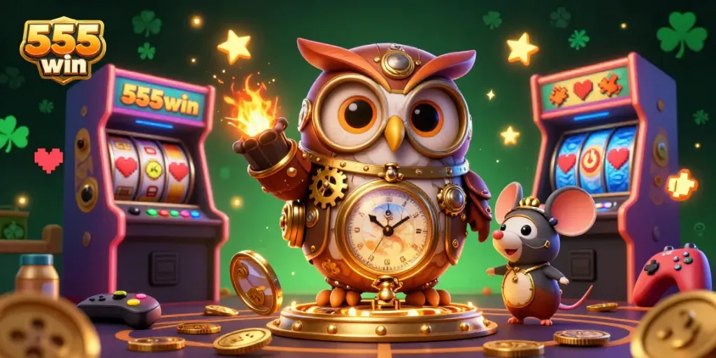 Experience the thrill of 555win with a vibrant 3D casino illustration showcasing gaming elements.