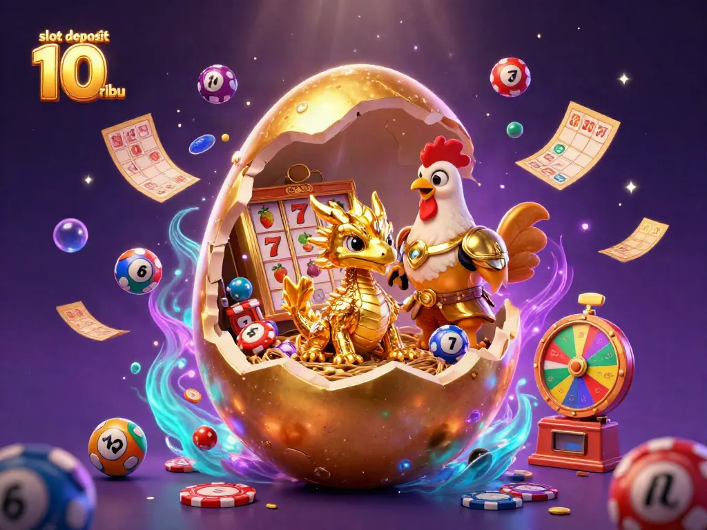 Engage with the dynamic scene of 'slot deposit 10 ribu' featuring a golden dragon amidst vibrant casino elements.