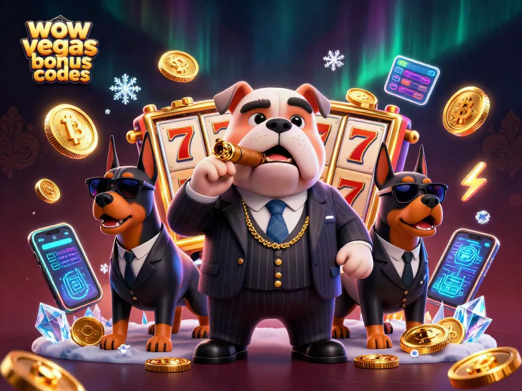 Engage with WOW Vegas Bonus Codes at a vibrant casino scene featuring a mobster bulldog and Doberman bodyguards.