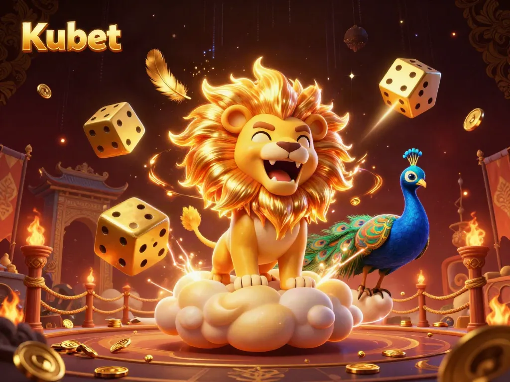 Kubet showcases a triumphant sun lion surrounded by golden dice, creating an engaging casino atmosphere.