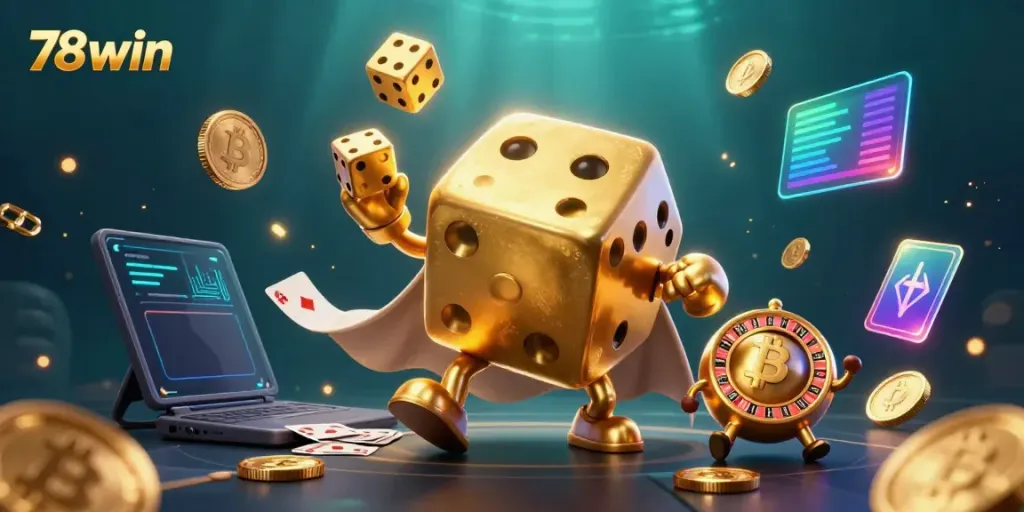 Experience the thrill of 78win casinos with dynamic golden dice and vibrant crypto symbols.