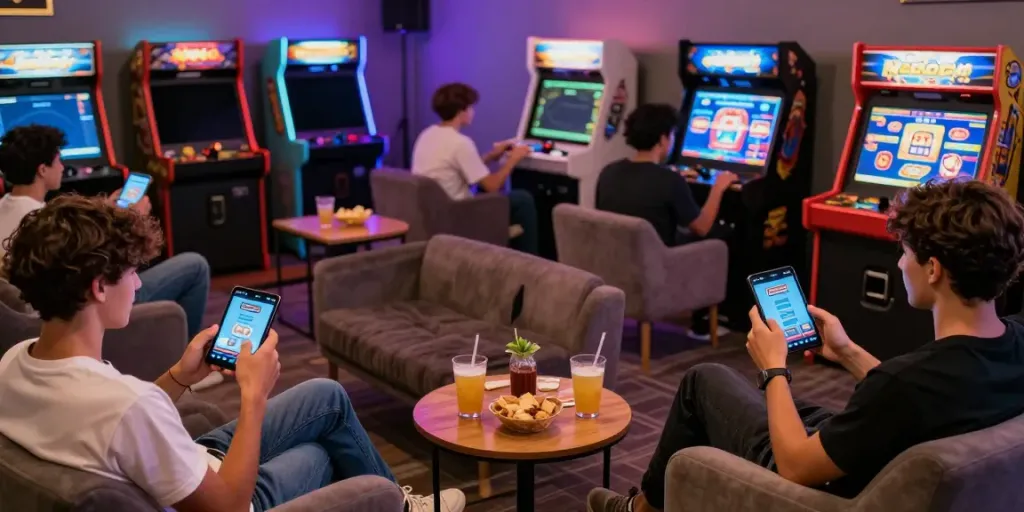Players enjoying Yono Arcade in a lively gaming lounge with mobile devices.