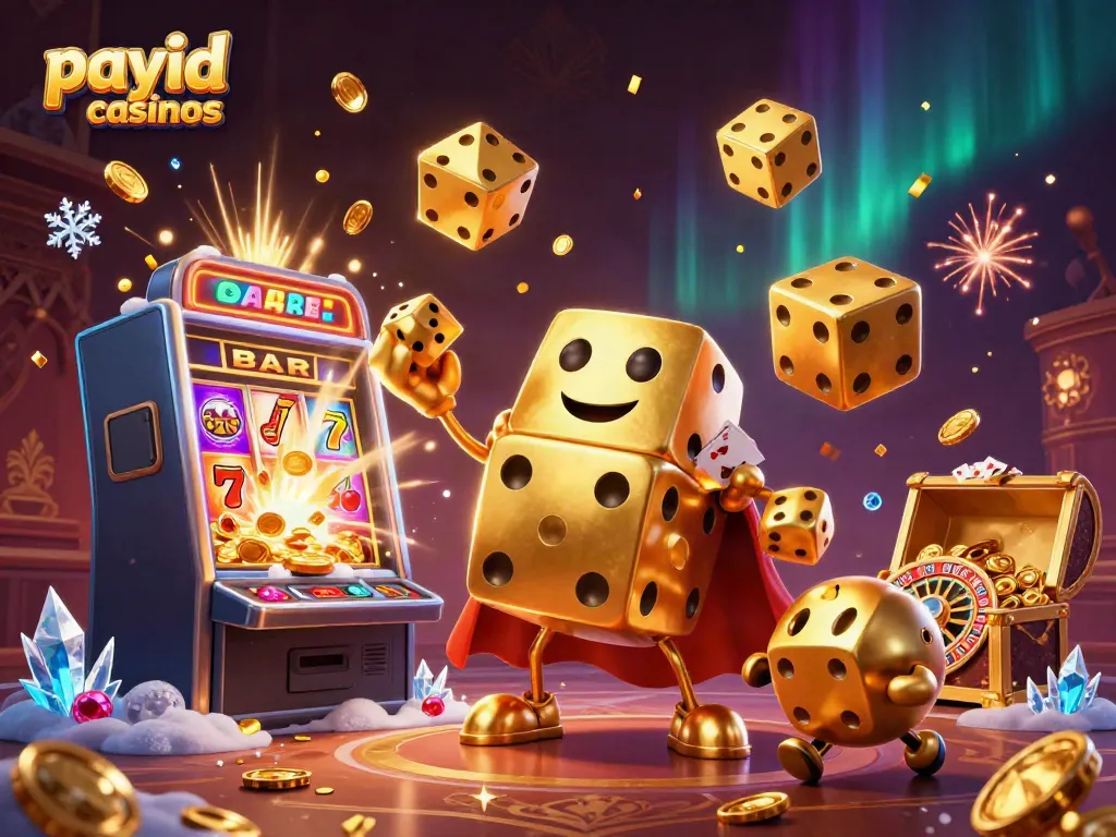 Experience the excitement of payid casinos with a lively 3D illustration of a golden dice golem and dynamic casino elements.