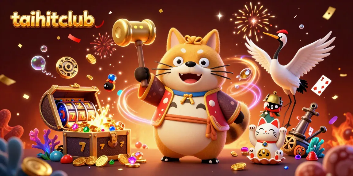 Join the excitement at taihitclub with a vibrant illustration of a cheerful tanuki and lucky fortune cats celebrating gaming wins.