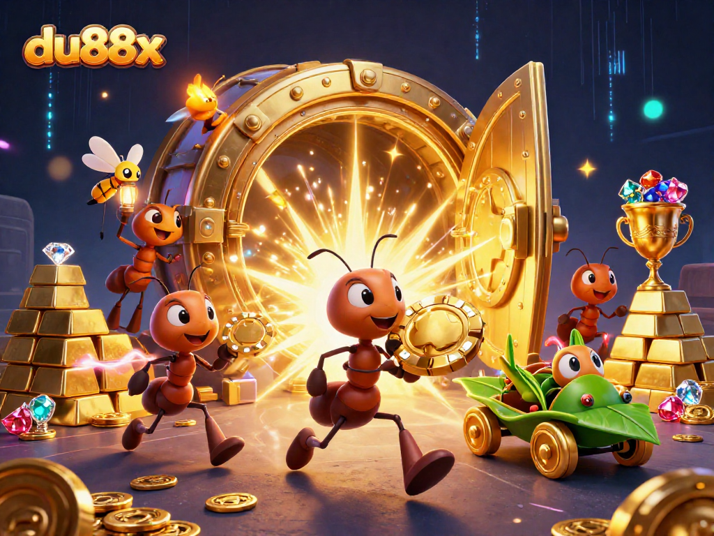 Experience thrilling gaming adventures with du88x in a dynamic 3D heist scene featuring colorful characters and glistening treasure.