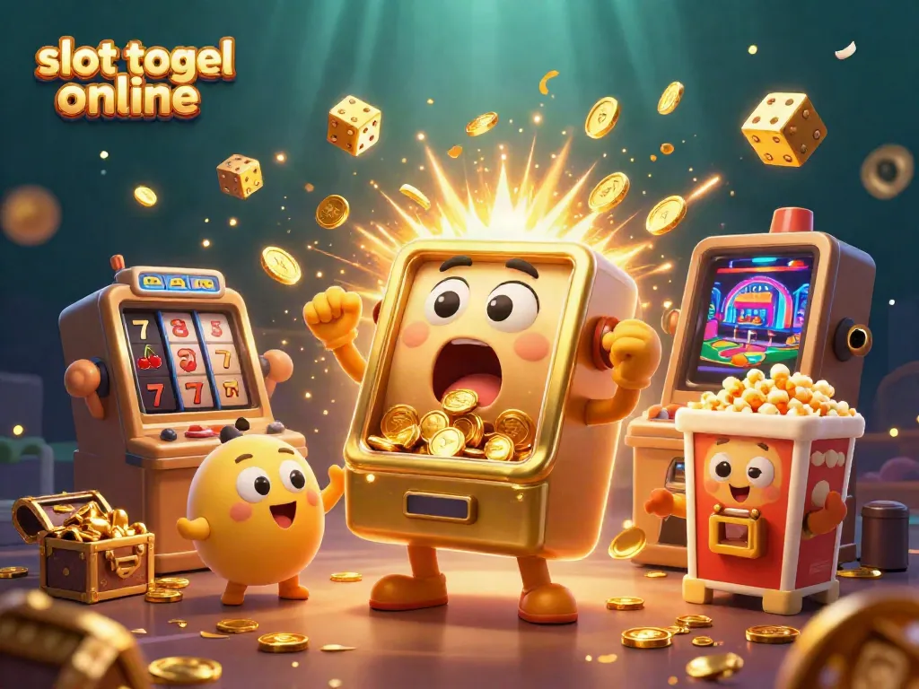 Pemain slot togel online merayakan kemenangan jackpot dengan slot mesin dan koin berlimpah di sekitarnya.