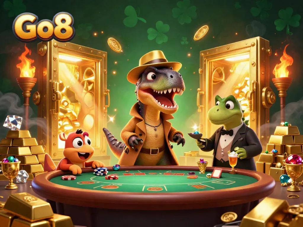 Go8 velociraptor attempting to play blackjack while being watched by a stegosaurus pit boss amid treasures.