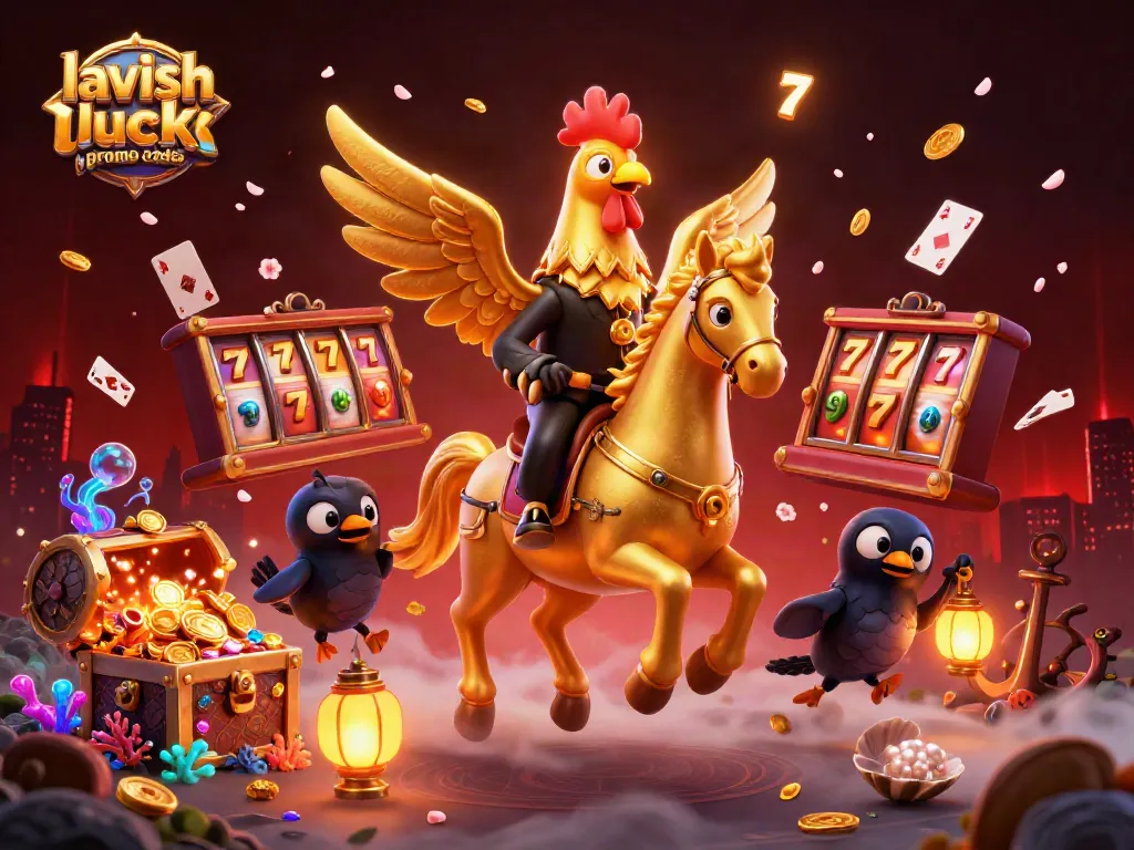 Play with lavish luck promo codes in a vibrant casino scene featuring a golden rooster and festive creatures.