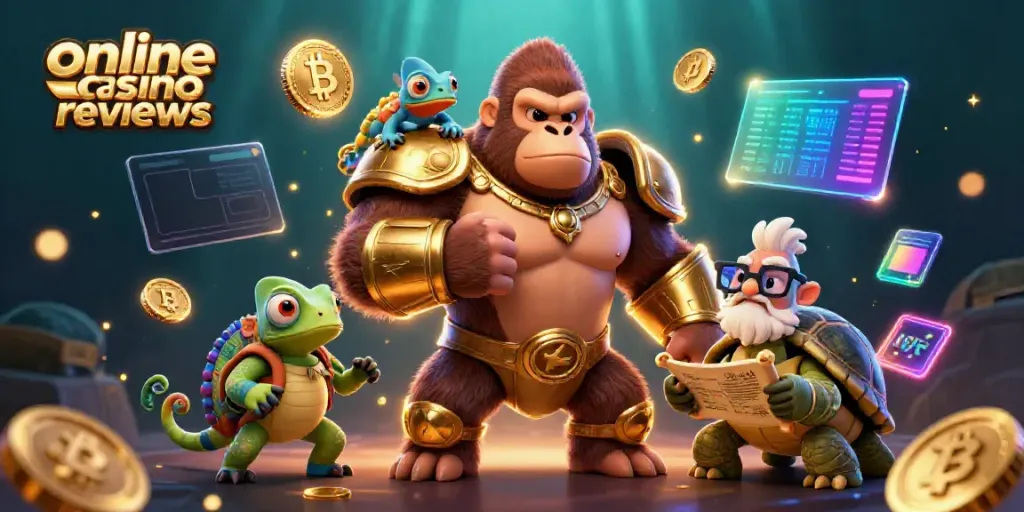 Experience online casino reviews with energetic 3D characters amidst crypto and gambling elements.